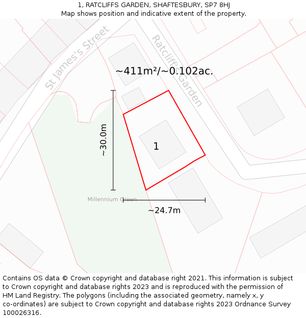 1, RATCLIFFS GARDEN, SHAFTESBURY, SP7 8HJ: Plot and title map