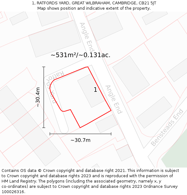 1, RATFORDS YARD, GREAT WILBRAHAM, CAMBRIDGE, CB21 5JT: Plot and title map