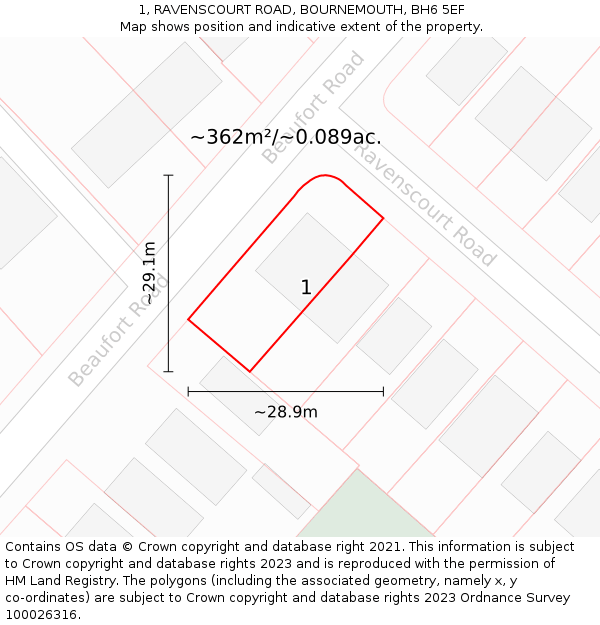 1, RAVENSCOURT ROAD, BOURNEMOUTH, BH6 5EF: Plot and title map