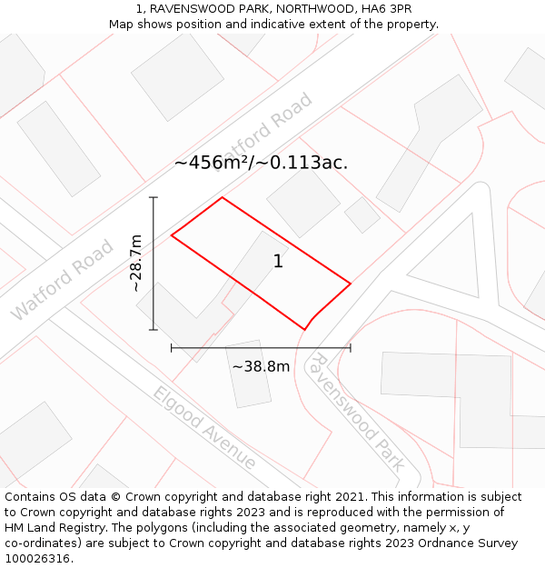 1, RAVENSWOOD PARK, NORTHWOOD, HA6 3PR: Plot and title map