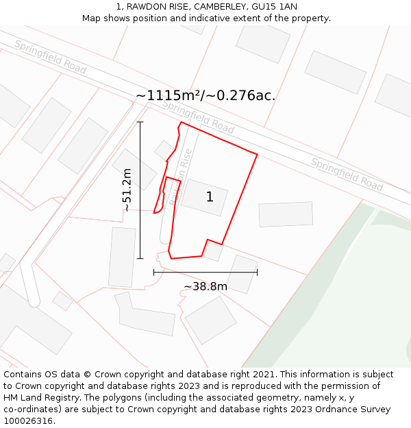 1, RAWDON RISE, CAMBERLEY, GU15 1AN: Plot and title map
