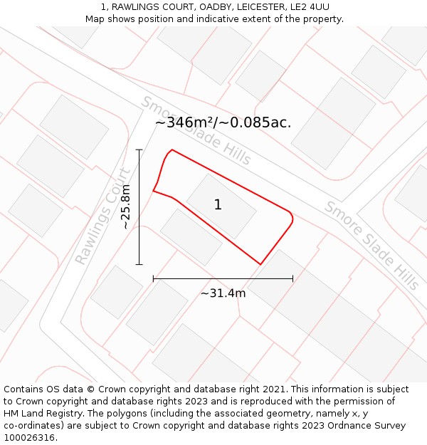 1, RAWLINGS COURT, OADBY, LEICESTER, LE2 4UU: Plot and title map