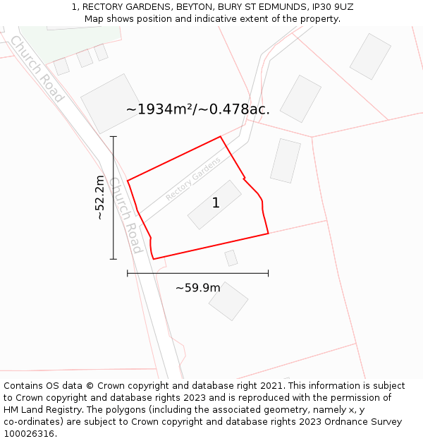 1, RECTORY GARDENS, BEYTON, BURY ST EDMUNDS, IP30 9UZ: Plot and title map