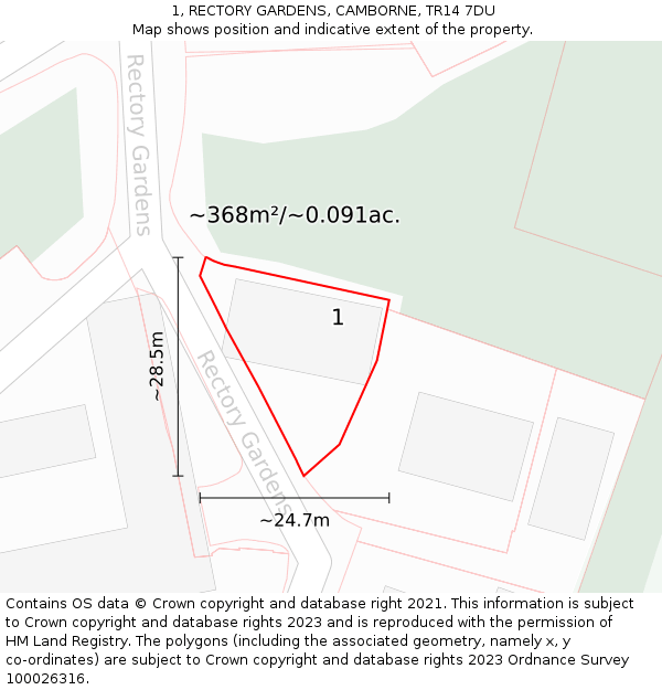 1, RECTORY GARDENS, CAMBORNE, TR14 7DU: Plot and title map