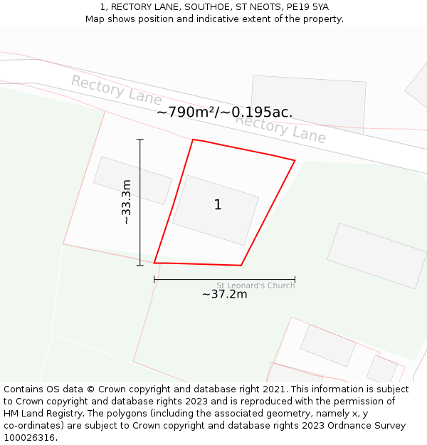 1, RECTORY LANE, SOUTHOE, ST NEOTS, PE19 5YA: Plot and title map