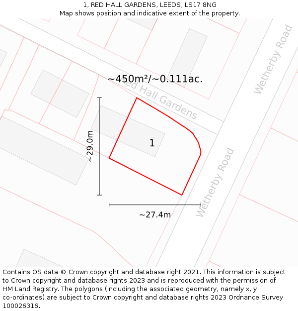 1, RED HALL GARDENS, LEEDS, LS17 8NG: Plot and title map