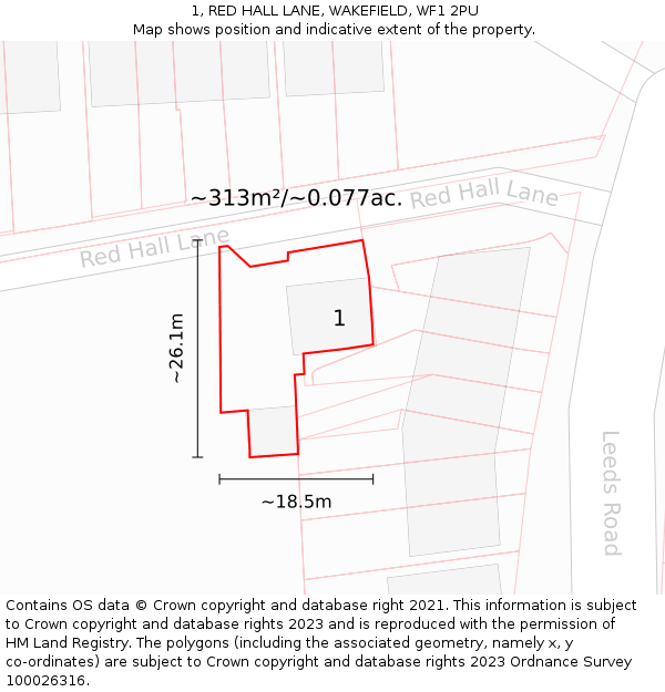 1, RED HALL LANE, WAKEFIELD, WF1 2PU: Plot and title map