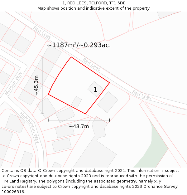 1, RED LEES, TELFORD, TF1 5DE: Plot and title map