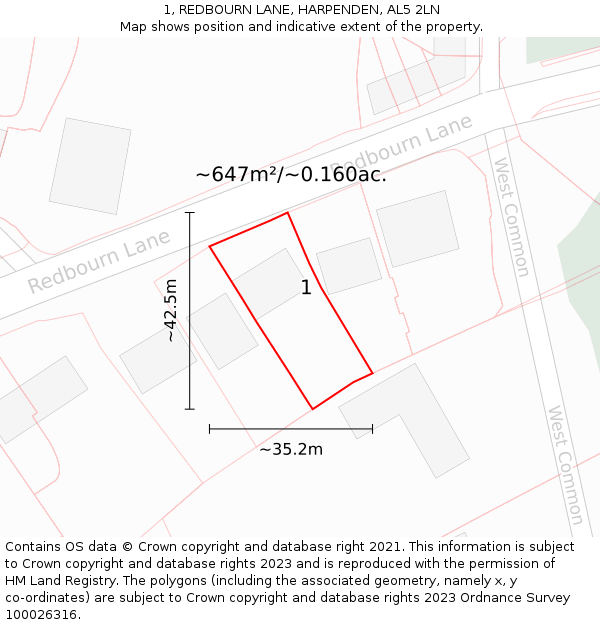 1, REDBOURN LANE, HARPENDEN, AL5 2LN: Plot and title map