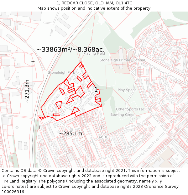 1, REDCAR CLOSE, OLDHAM, OL1 4TG: Plot and title map