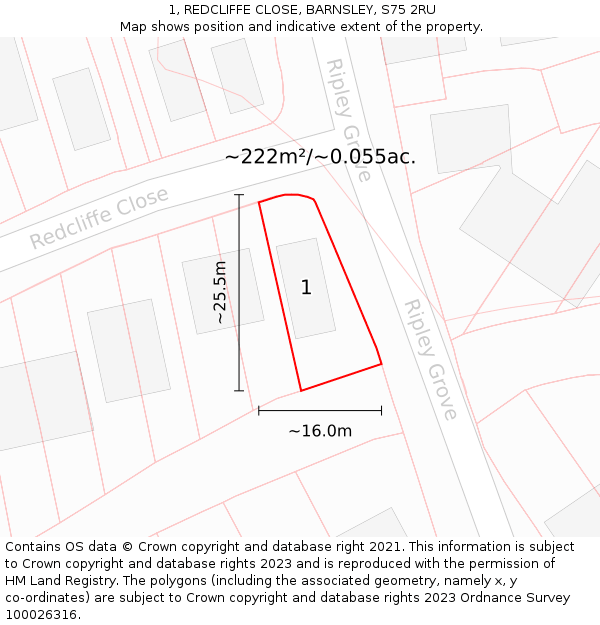 1, REDCLIFFE CLOSE, BARNSLEY, S75 2RU: Plot and title map