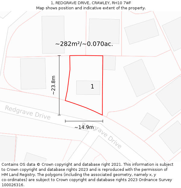 1, REDGRAVE DRIVE, CRAWLEY, RH10 7WF: Plot and title map