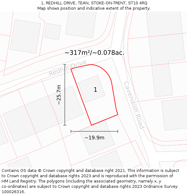 1, REDHILL DRIVE, TEAN, STOKE-ON-TRENT, ST10 4RQ: Plot and title map