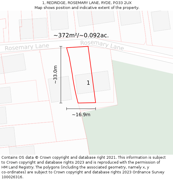 1, REDRIDGE, ROSEMARY LANE, RYDE, PO33 2UX: Plot and title map