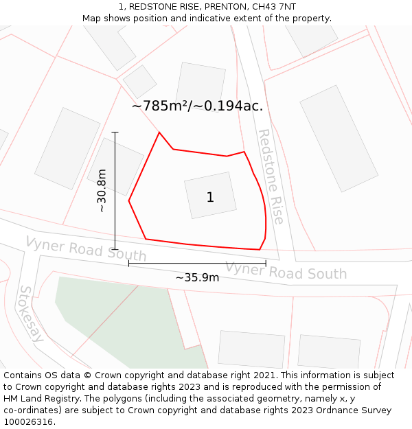 1, REDSTONE RISE, PRENTON, CH43 7NT: Plot and title map
