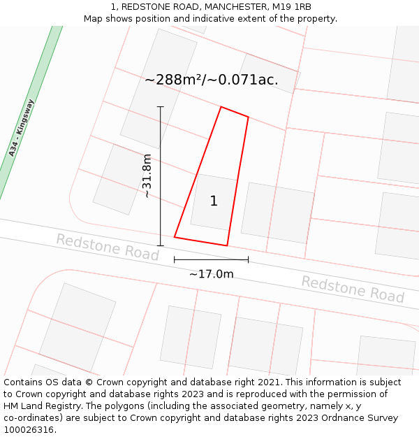 1, REDSTONE ROAD, MANCHESTER, M19 1RB: Plot and title map