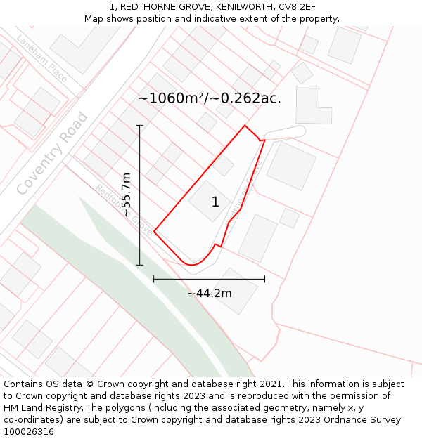 1, REDTHORNE GROVE, KENILWORTH, CV8 2EF: Plot and title map