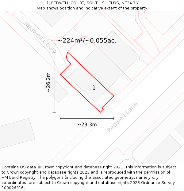 1, REDWELL COURT, SOUTH SHIELDS, NE34 7JY: Plot and title map