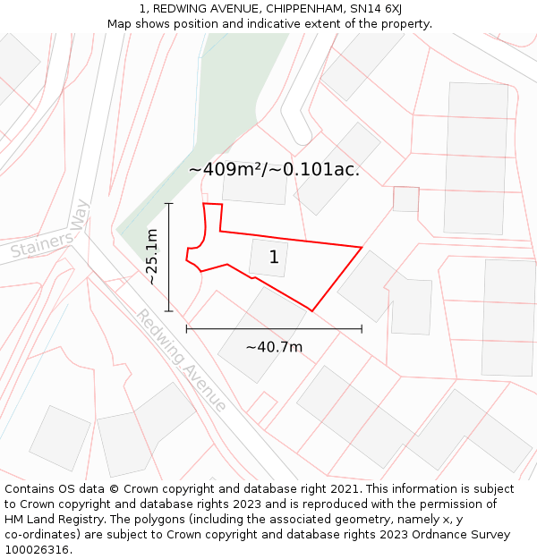 1, REDWING AVENUE, CHIPPENHAM, SN14 6XJ: Plot and title map