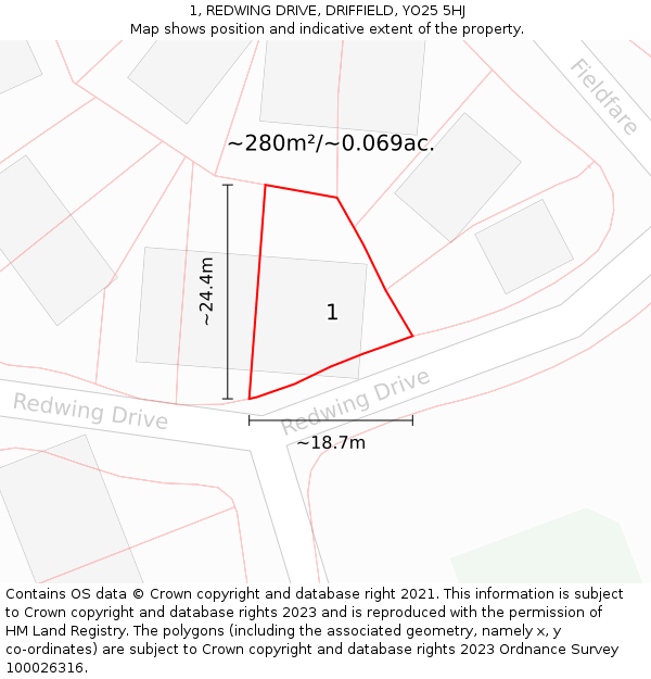 1, REDWING DRIVE, DRIFFIELD, YO25 5HJ: Plot and title map