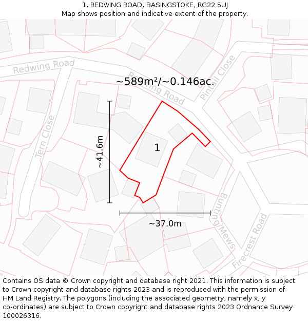 1, REDWING ROAD, BASINGSTOKE, RG22 5UJ: Plot and title map