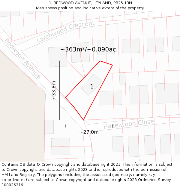 1, REDWOOD AVENUE, LEYLAND, PR25 1RN: Plot and title map