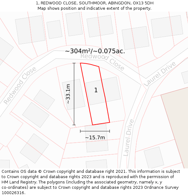 1, REDWOOD CLOSE, SOUTHMOOR, ABINGDON, OX13 5DH: Plot and title map