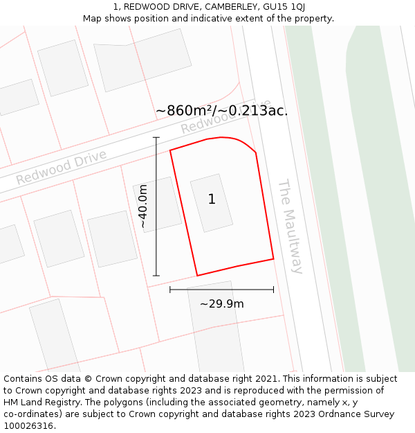 1, REDWOOD DRIVE, CAMBERLEY, GU15 1QJ: Plot and title map