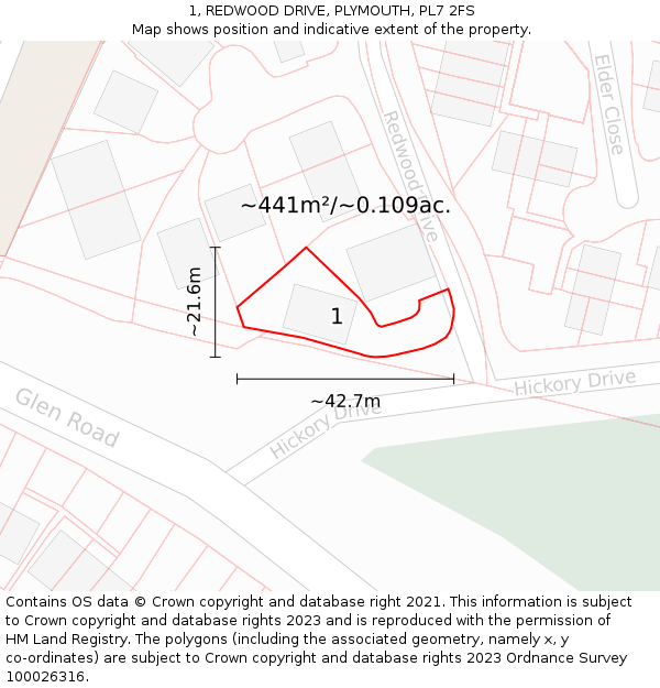 1, REDWOOD DRIVE, PLYMOUTH, PL7 2FS: Plot and title map