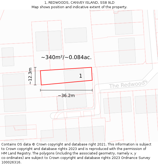 1, REDWOODS, CANVEY ISLAND, SS8 9LD: Plot and title map