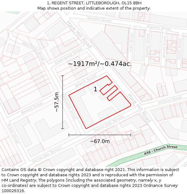 1, REGENT STREET, LITTLEBOROUGH, OL15 8BH: Plot and title map