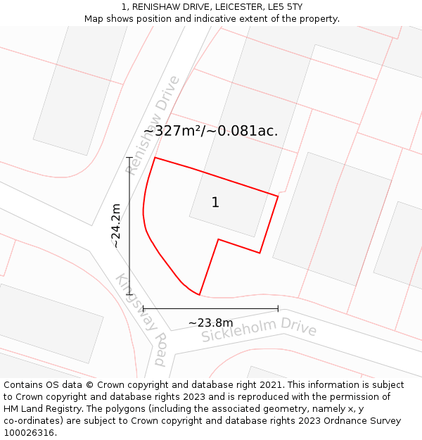 1, RENISHAW DRIVE, LEICESTER, LE5 5TY: Plot and title map