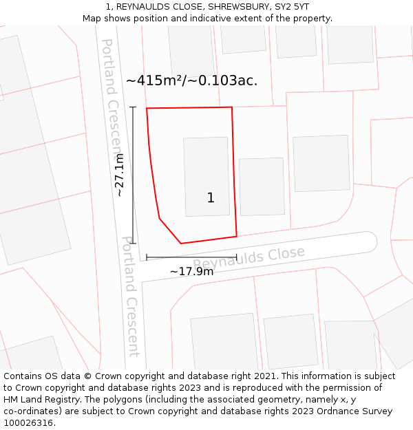 1, REYNAULDS CLOSE, SHREWSBURY, SY2 5YT: Plot and title map