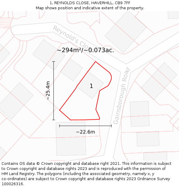 1, REYNOLDS CLOSE, HAVERHILL, CB9 7FF: Plot and title map