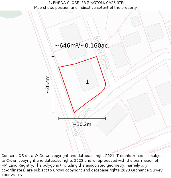 1, RHEDA CLOSE, FRIZINGTON, CA26 3TB: Plot and title map