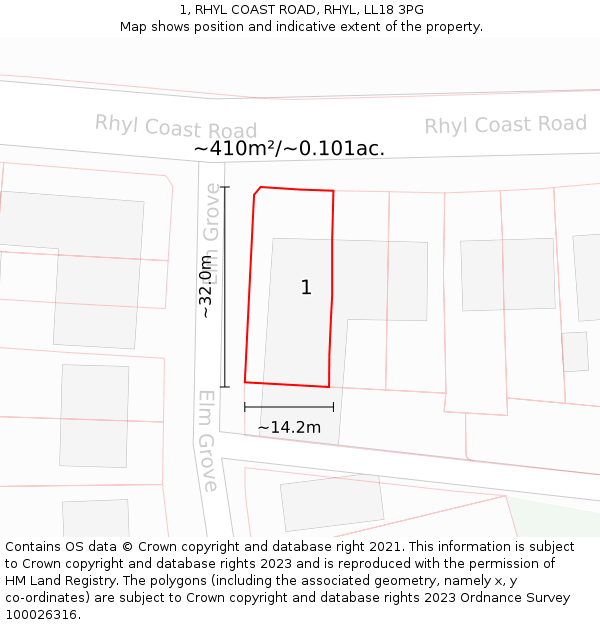 1, RHYL COAST ROAD, RHYL, LL18 3PG: Plot and title map