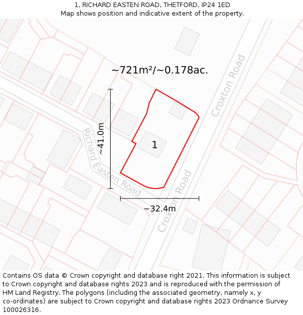 1, RICHARD EASTEN ROAD, THETFORD, IP24 1ED: Plot and title map