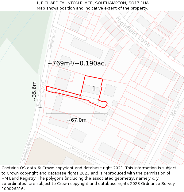 1, RICHARD TAUNTON PLACE, SOUTHAMPTON, SO17 1UA: Plot and title map
