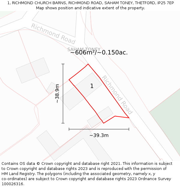 1, RICHMOND CHURCH BARNS, RICHMOND ROAD, SAHAM TONEY, THETFORD, IP25 7EP: Plot and title map