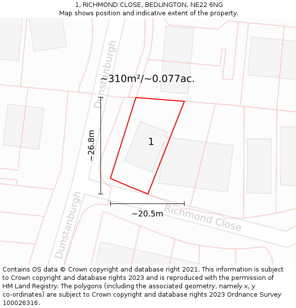 1, RICHMOND CLOSE, BEDLINGTON, NE22 6NG: Plot and title map