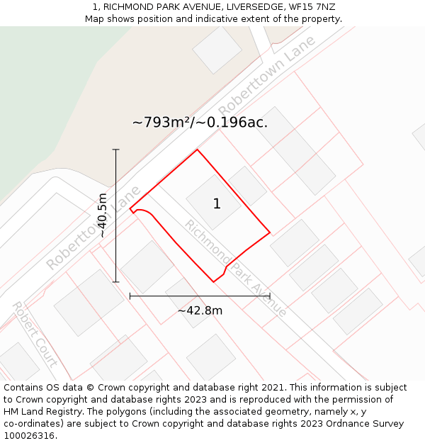1, RICHMOND PARK AVENUE, LIVERSEDGE, WF15 7NZ: Plot and title map