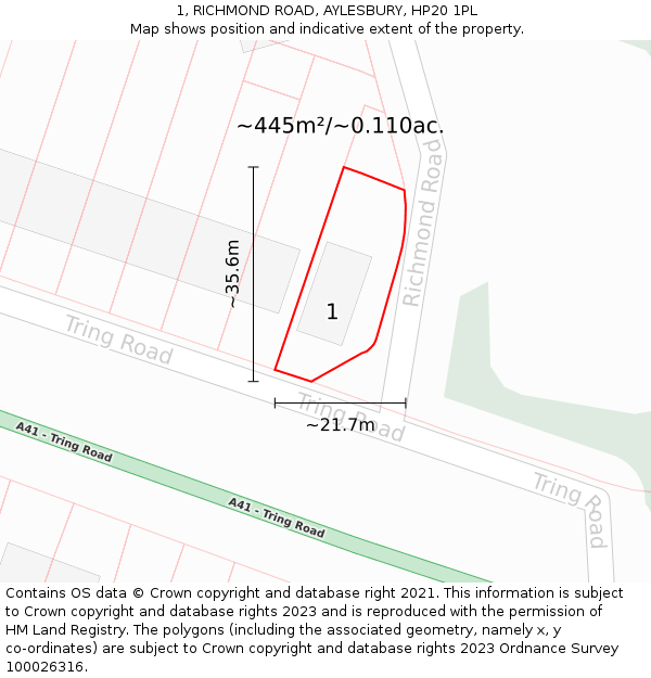 1, RICHMOND ROAD, AYLESBURY, HP20 1PL: Plot and title map