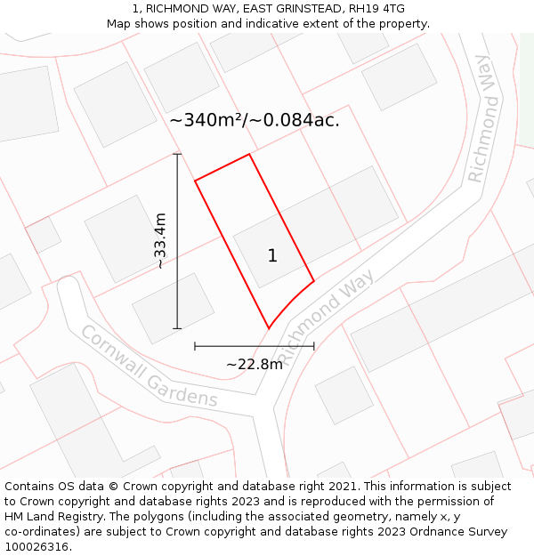 1, RICHMOND WAY, EAST GRINSTEAD, RH19 4TG: Plot and title map