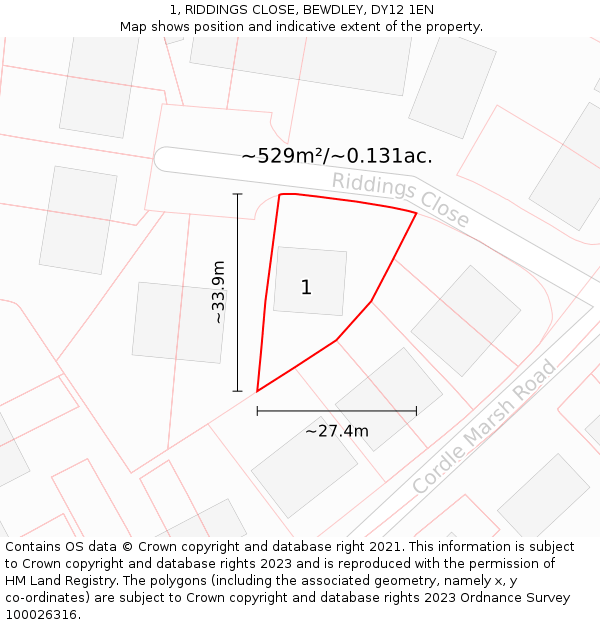 1, RIDDINGS CLOSE, BEWDLEY, DY12 1EN: Plot and title map