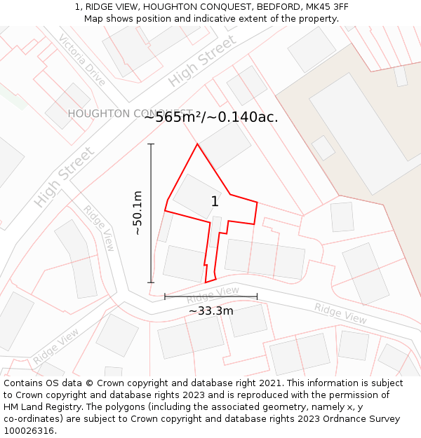 1, RIDGE VIEW, HOUGHTON CONQUEST, BEDFORD, MK45 3FF: Plot and title map