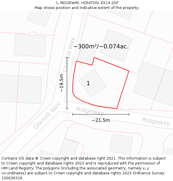 1, RIDGEWAY, HONITON, EX14 2GF: Plot and title map