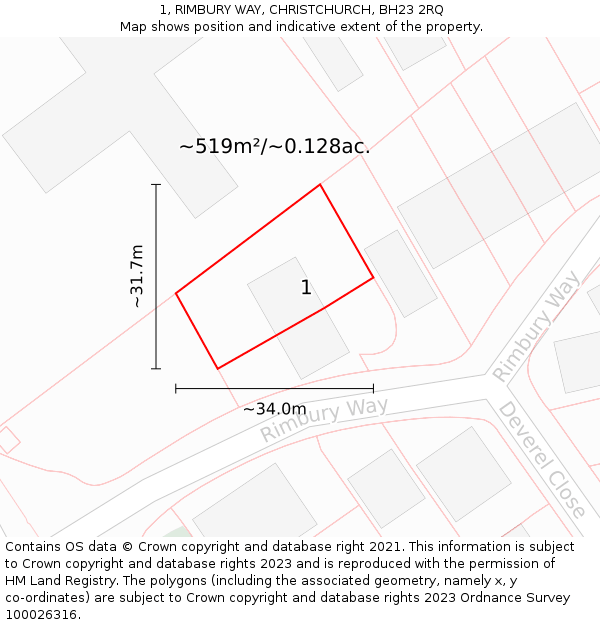 1, RIMBURY WAY, CHRISTCHURCH, BH23 2RQ: Plot and title map