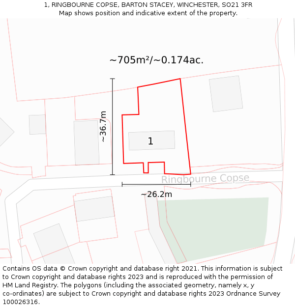 1, RINGBOURNE COPSE, BARTON STACEY, WINCHESTER, SO21 3FR: Plot and title map