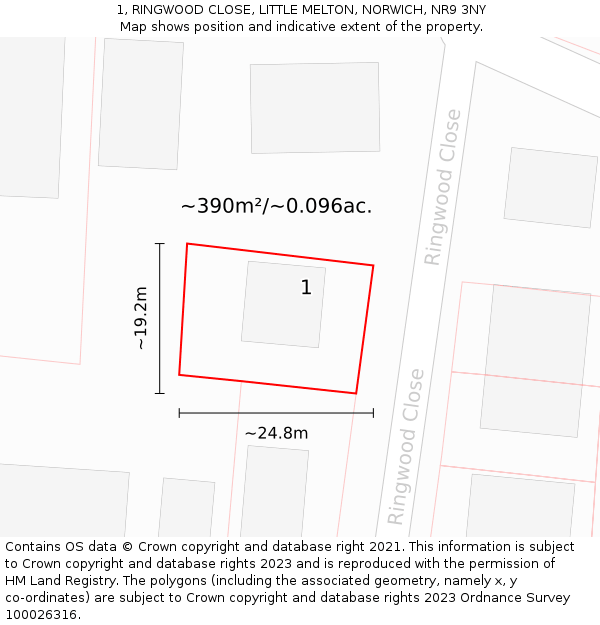 1, RINGWOOD CLOSE, LITTLE MELTON, NORWICH, NR9 3NY: Plot and title map