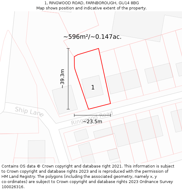 1, RINGWOOD ROAD, FARNBOROUGH, GU14 8BG: Plot and title map